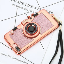 Luxury 3D Retro Camera Phone Cases For iphone 7 6 6s Plus Case Fashion Plating Soft Back Cover Long Strap Rope With Stand Holder